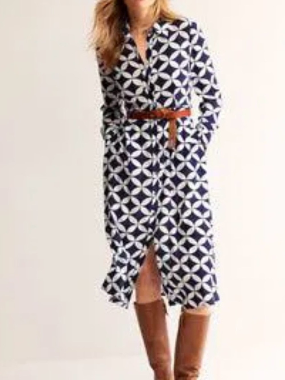 Boden Navy and White Geometric Midi Shirt Dress